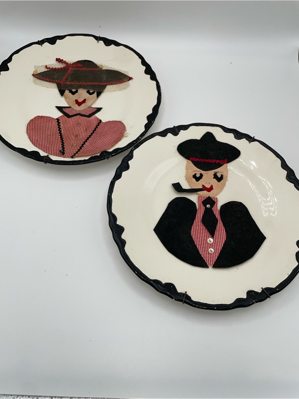 Vintage Decorative Plate Pair — Black and Pink Lady & Gentleman Motif